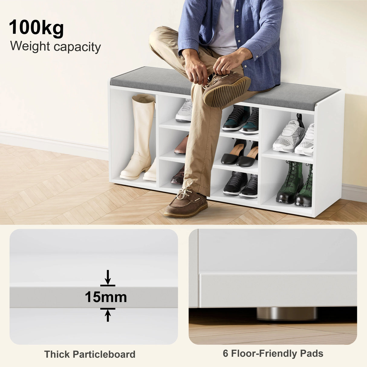 Hallway shoe storage bench with cushion and adjustable shelves, supports up to 100kg. Features 6 compartments and floor-friendly pads.