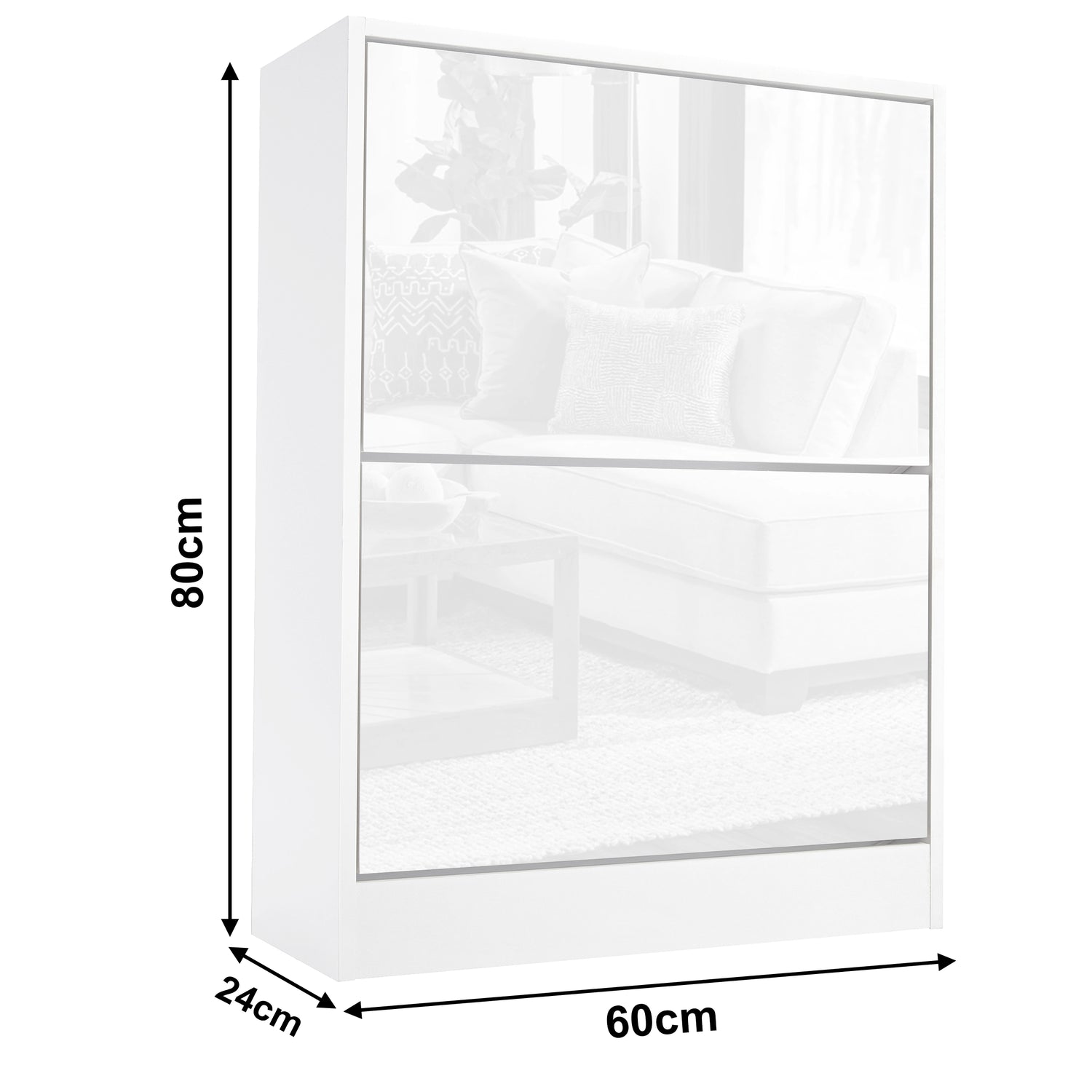 High Gloss 2 Door Shoe Cabinet in white with slim 60cm width and 24cm depth, ideal for hallway or bedroom shoe storage. Modern compact design.