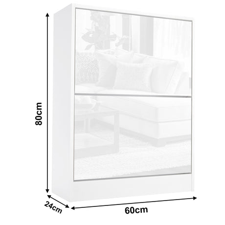 High Gloss 2 Door Shoe Cabinet in white with slim 60cm width and 24cm depth, ideal for hallway or bedroom shoe storage. Modern compact design.