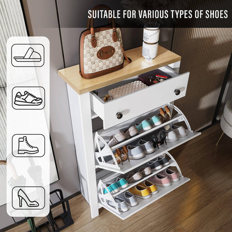 white shoe cabinet with 3 drawer, perfect for storing various types of shoes.