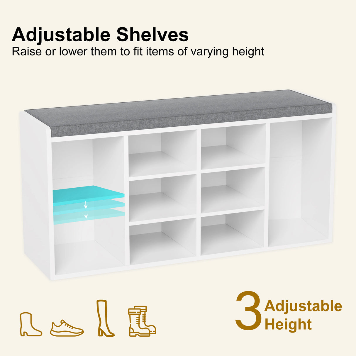 Hallway shoe storage bench with cushion and 3 adjustable shelves for boots, sneakers, and heels. White bench ideal for organized entryway storage.