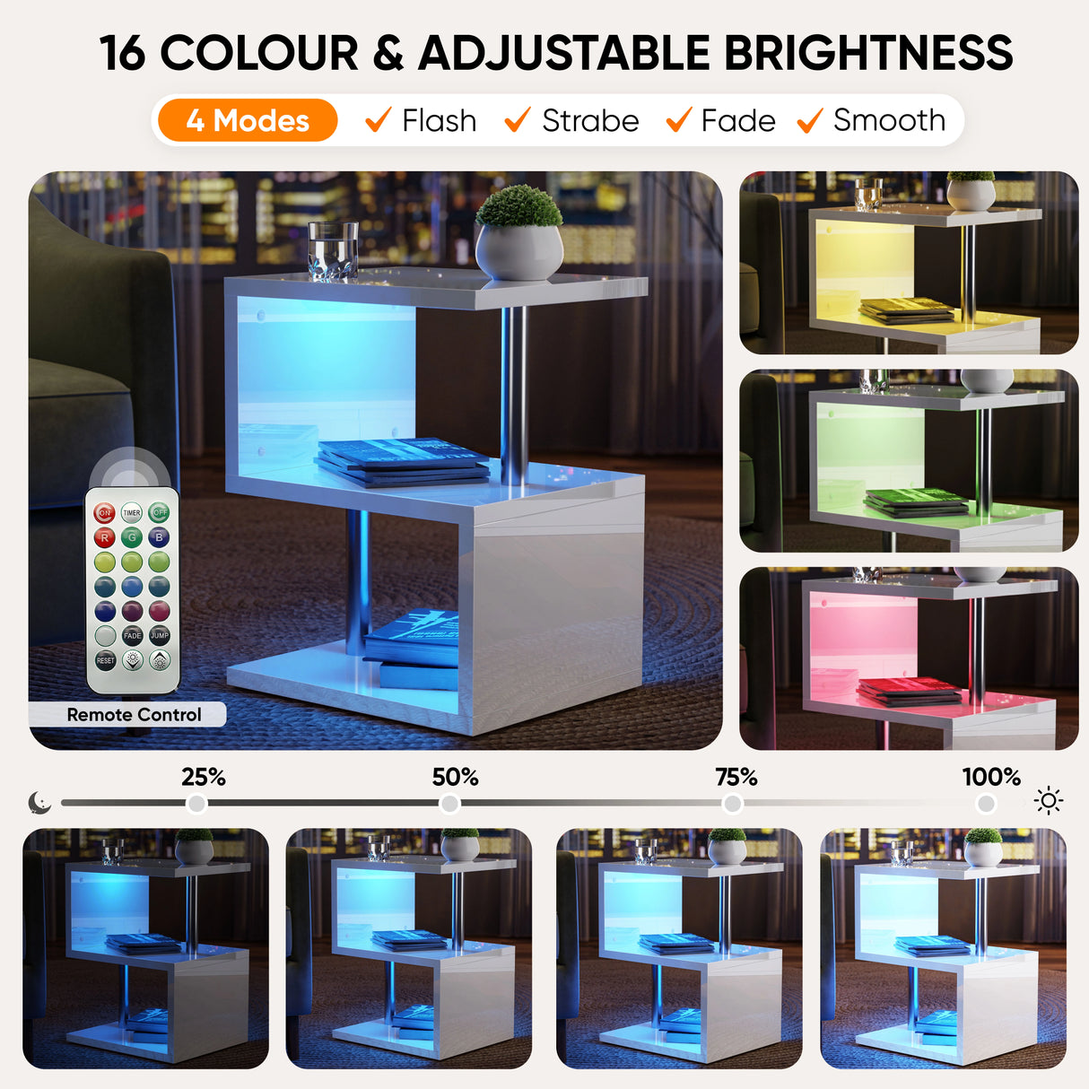 Light-up table with adjustable brightness modes and remote control in a room setting.