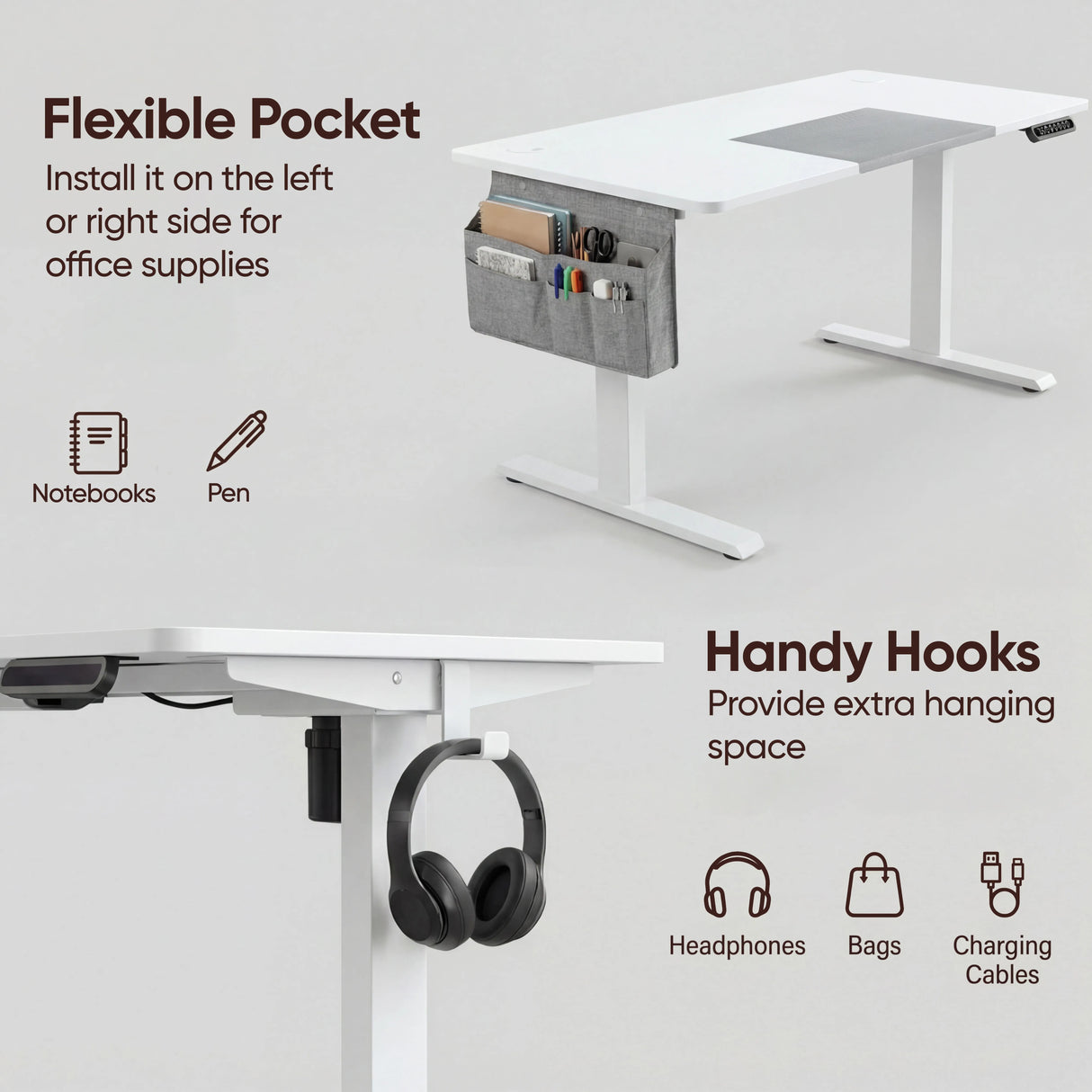 White Electric Standing Desk with flexible side pocket and hooks for organizing notebooks, pens, headphones, and charging cables.