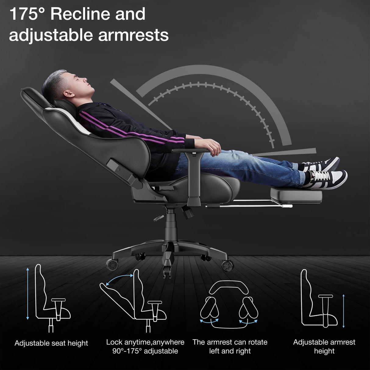 Ergonomic chair with recline and adjustable armrest features on a dark background