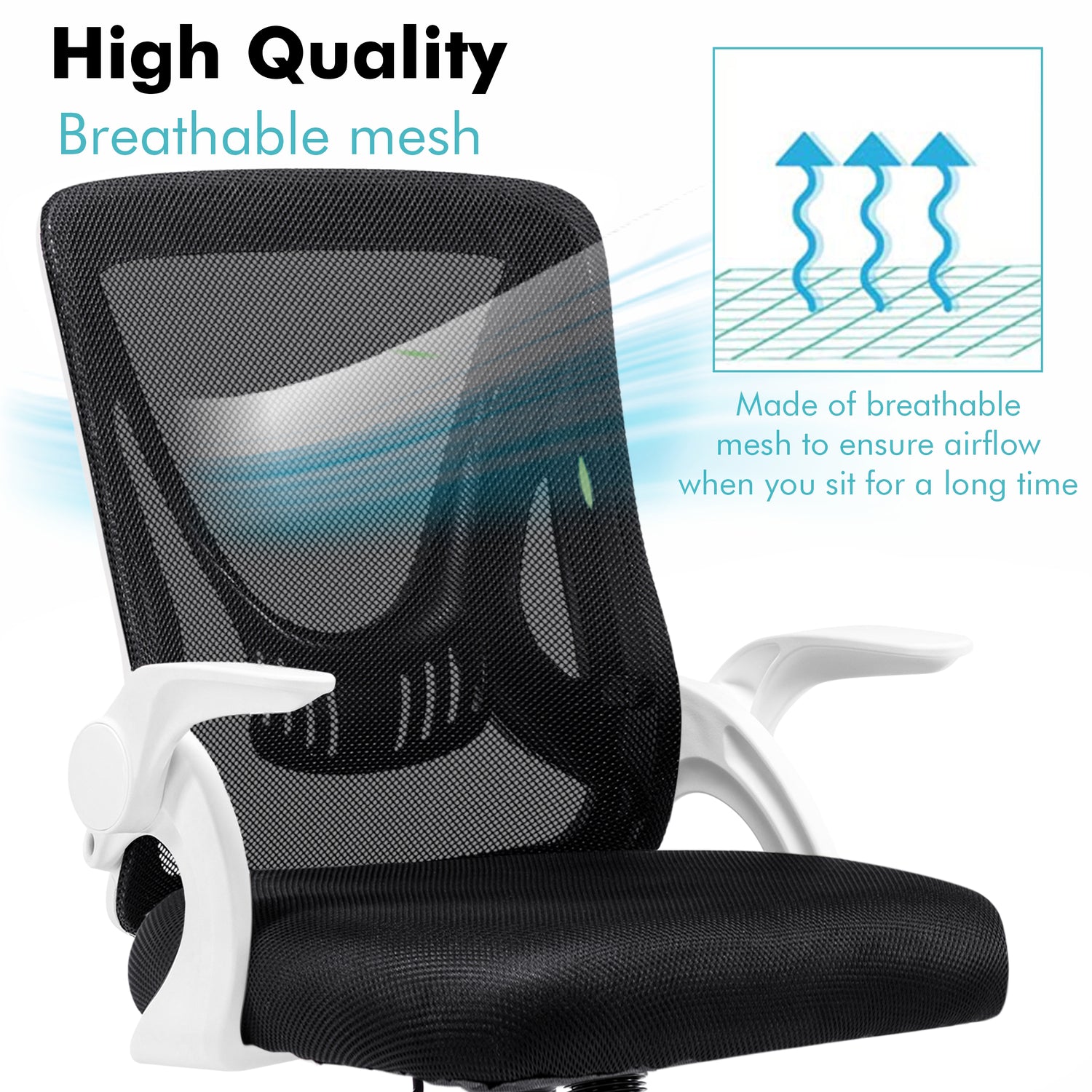 Close-up of white small office chair featuring breathable mesh for improved airflow and comfort.