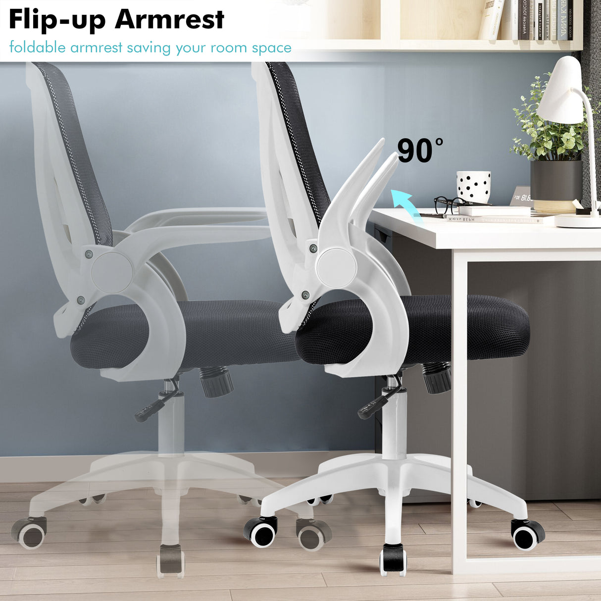 Comfortable chair with flip-up armrests, ideal for space-saving in modern home offices.