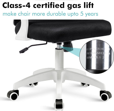White small office desk chair with SGS-4 certified gas piston for smooth and reliable height adjustments.