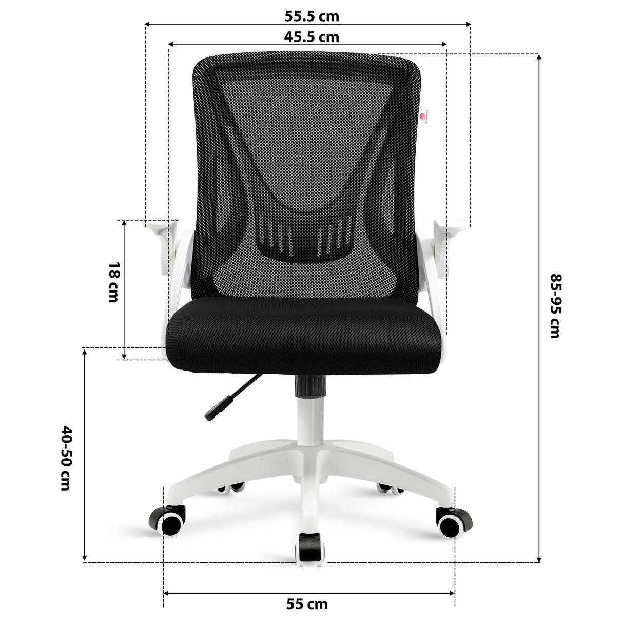 Dimensions of white swivel desk chair: 45.5cm seat width, 55cm wheelbase, adjustable 85–95cm height and mesh backrest.