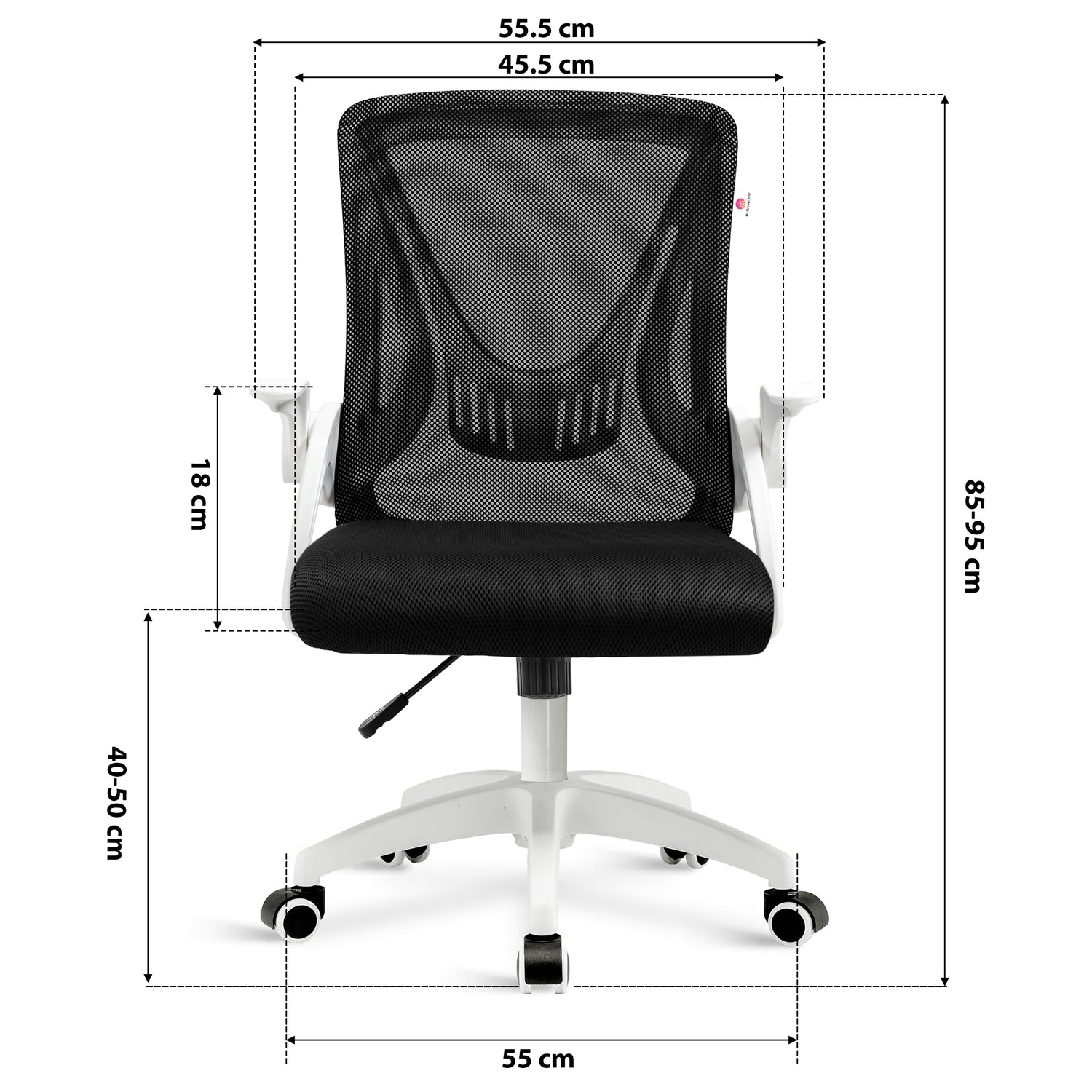 Dimensions of white swivel desk chair: 45.5cm seat width, 55cm wheelbase, adjustable 85–95cm height and mesh backrest.