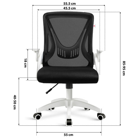 Dimensions of white swivel desk chair: 45.5cm seat width, 55cm wheelbase, adjustable 85–95cm height and mesh backrest.