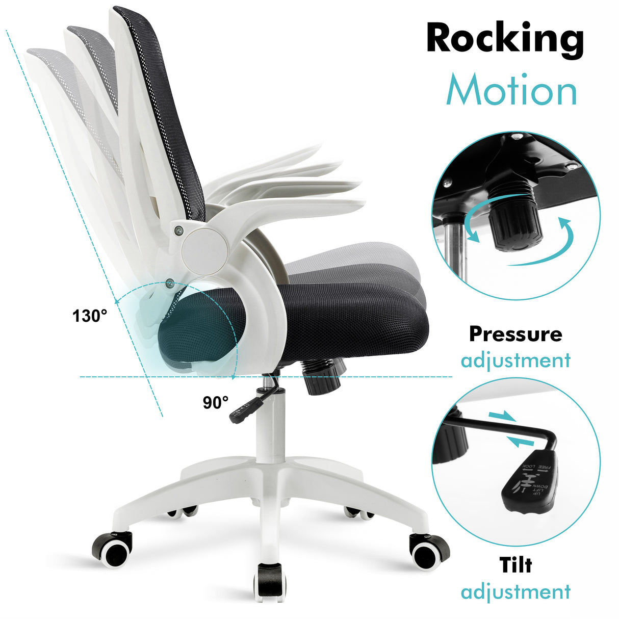 White mesh office chair with adjustable height and tilt lock for a comfortable, ergonomic seating experience.