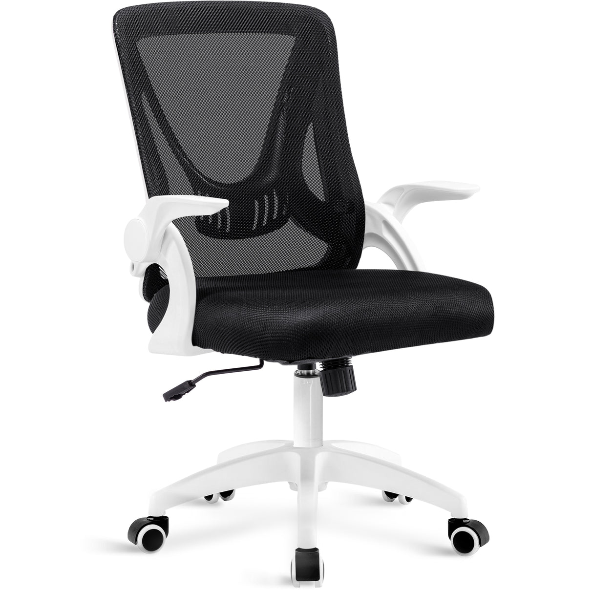 White comfortable office chair with breathable mesh backrest, padded seat, and easy height adjustment.