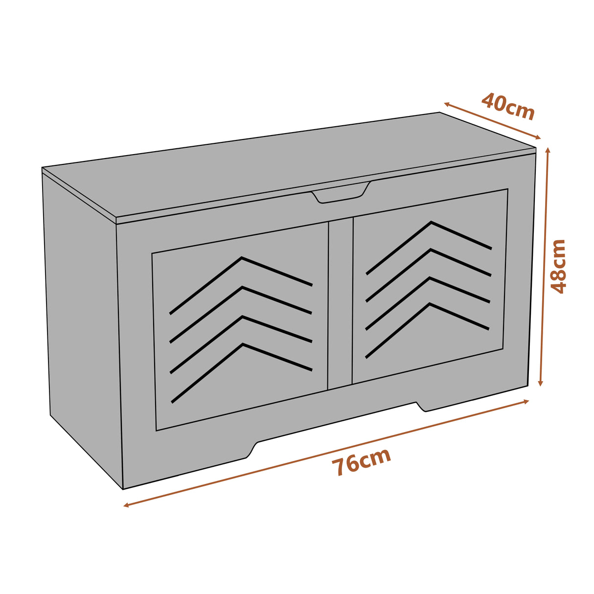 White storage bench with chevron pattern and measurements on a white background