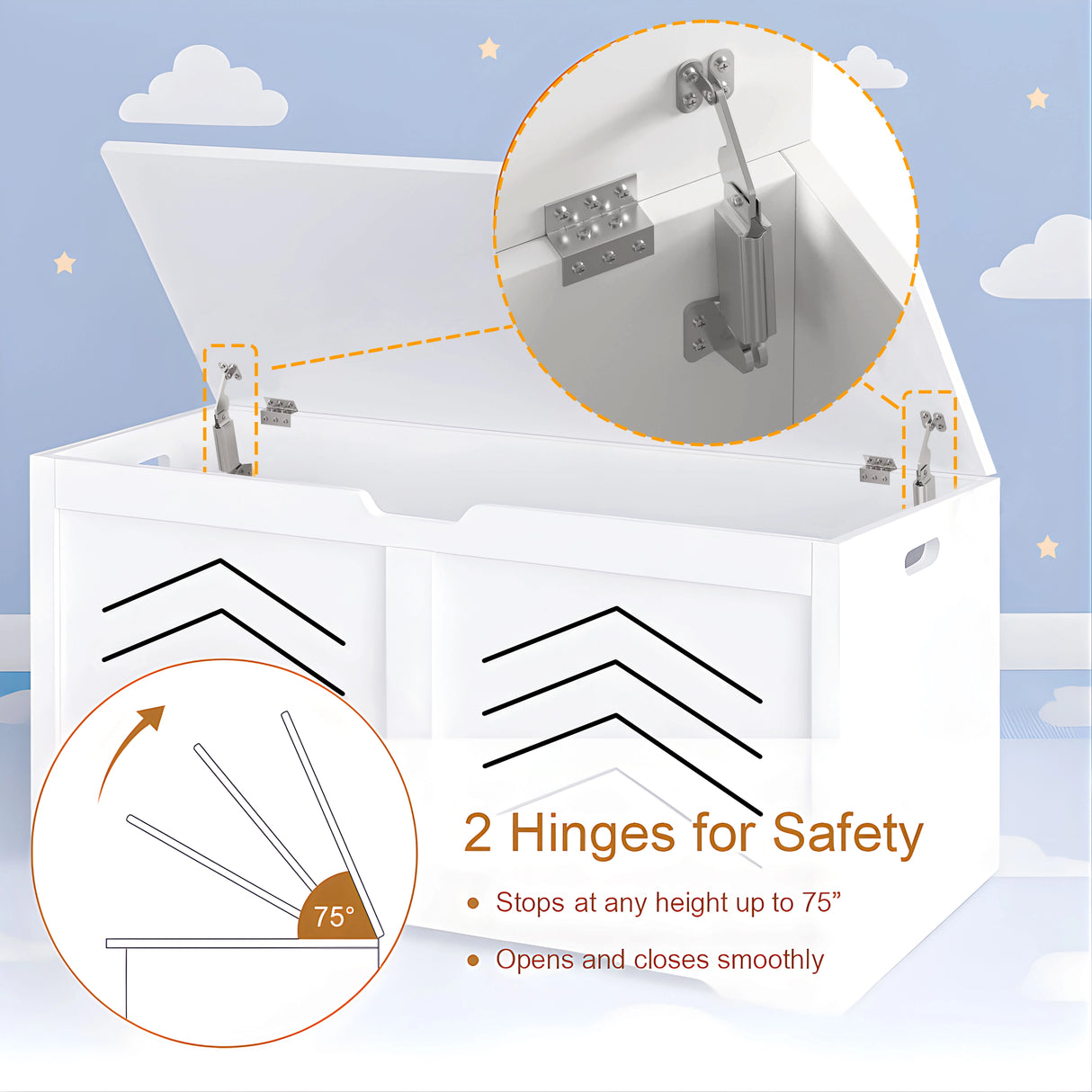 Illustration of a cabinet with hinges and safety features on a light blue background
