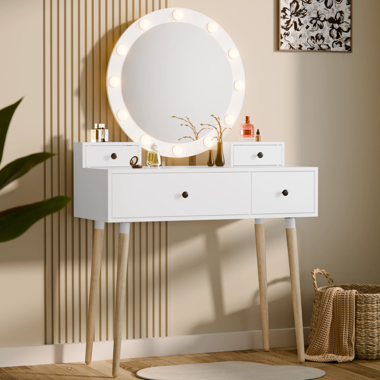 White vanity table with round mirror and lights in a room setting.