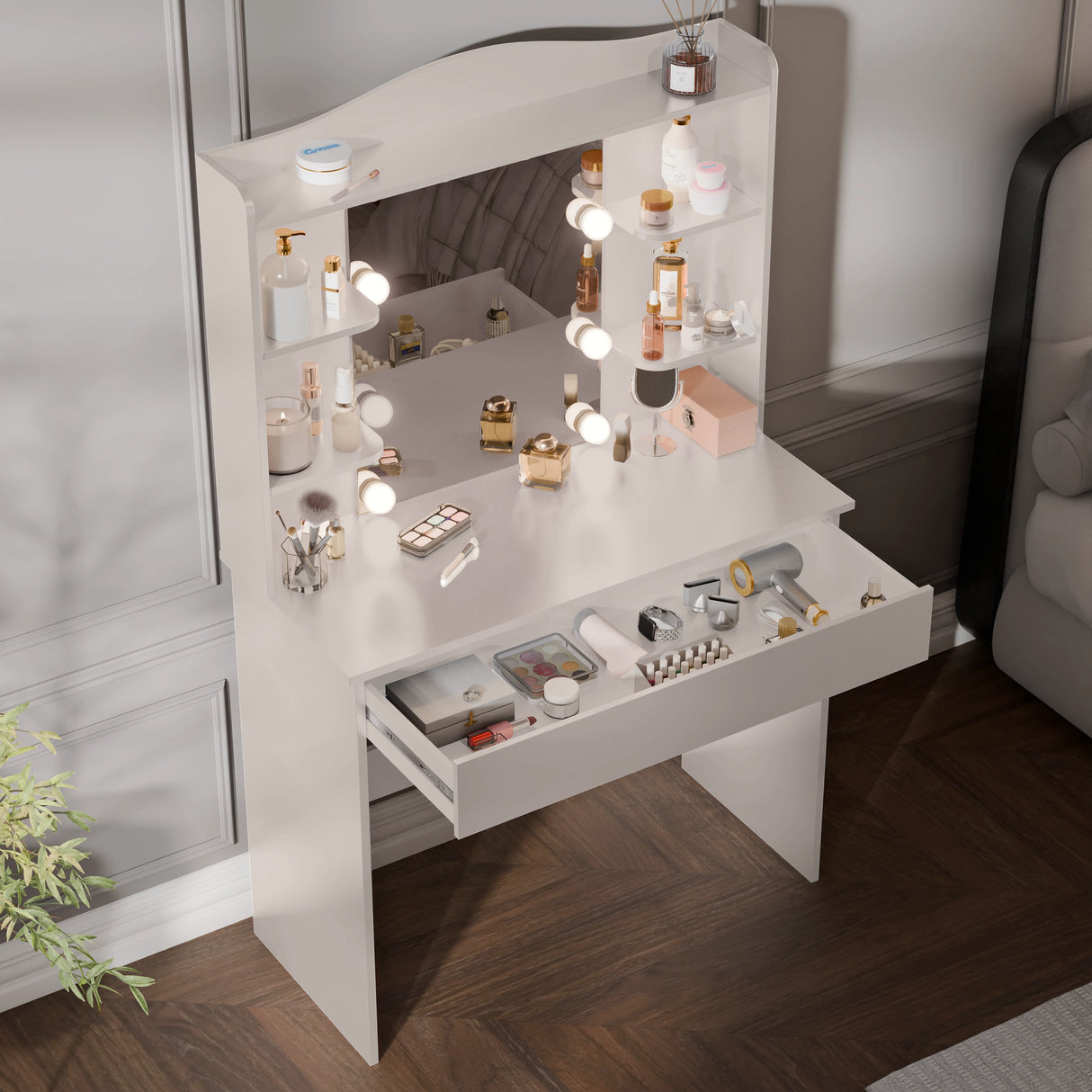 White vanity table with mirror and cosmetic items in a room setting