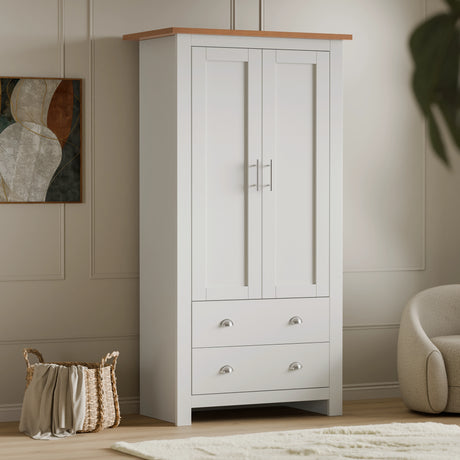 2 door wardrobe with drawers in white and wood finish, part of a modern bedroom furniture set ideal for stylish and organized storage solutions.