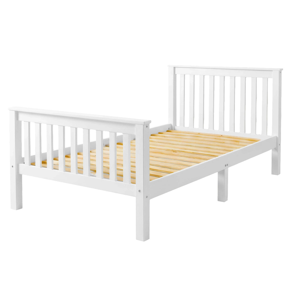 Simple white wooden single bed frame with slatted base, designed for comfortable sleeping and mattress support