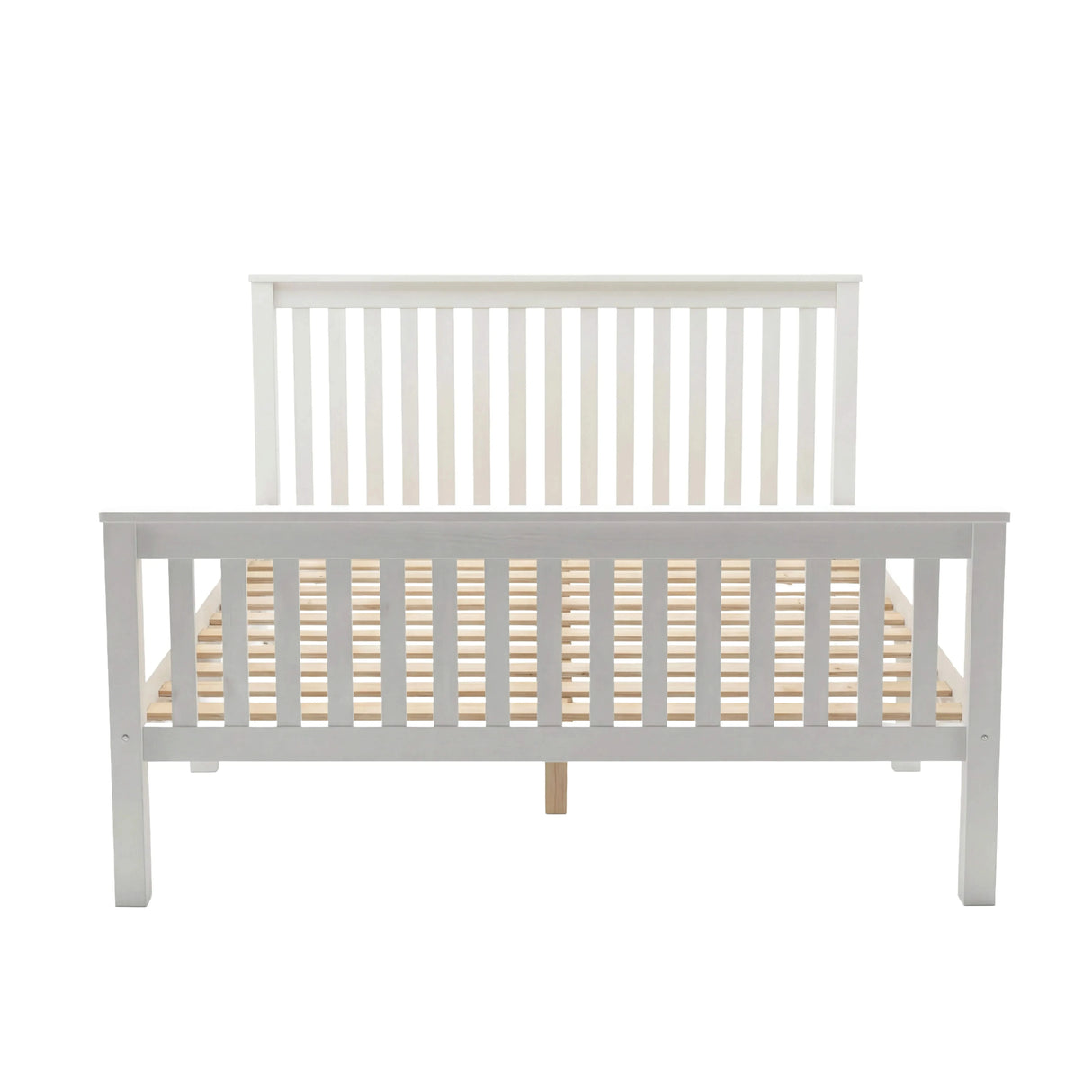 White solid pine wood bed frame in double with slatted headboard and footboard for perfect mattress support