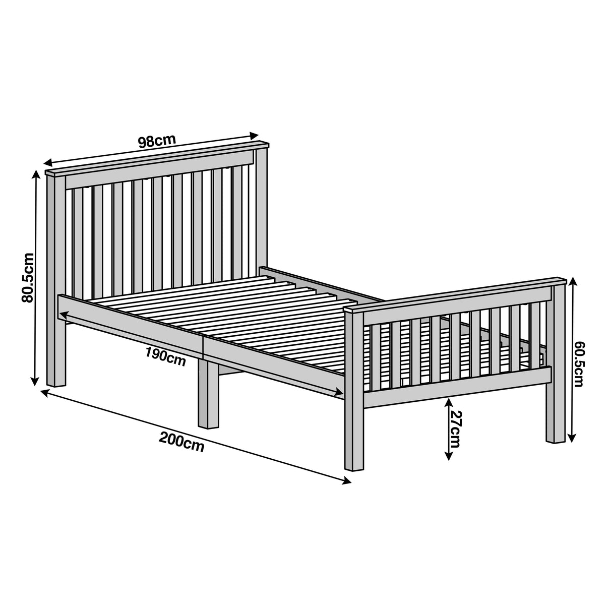 Dimensions diagram of white bed frame with width 98cm, length 200 cm, height 80.5cm, with slatted design for mattress support