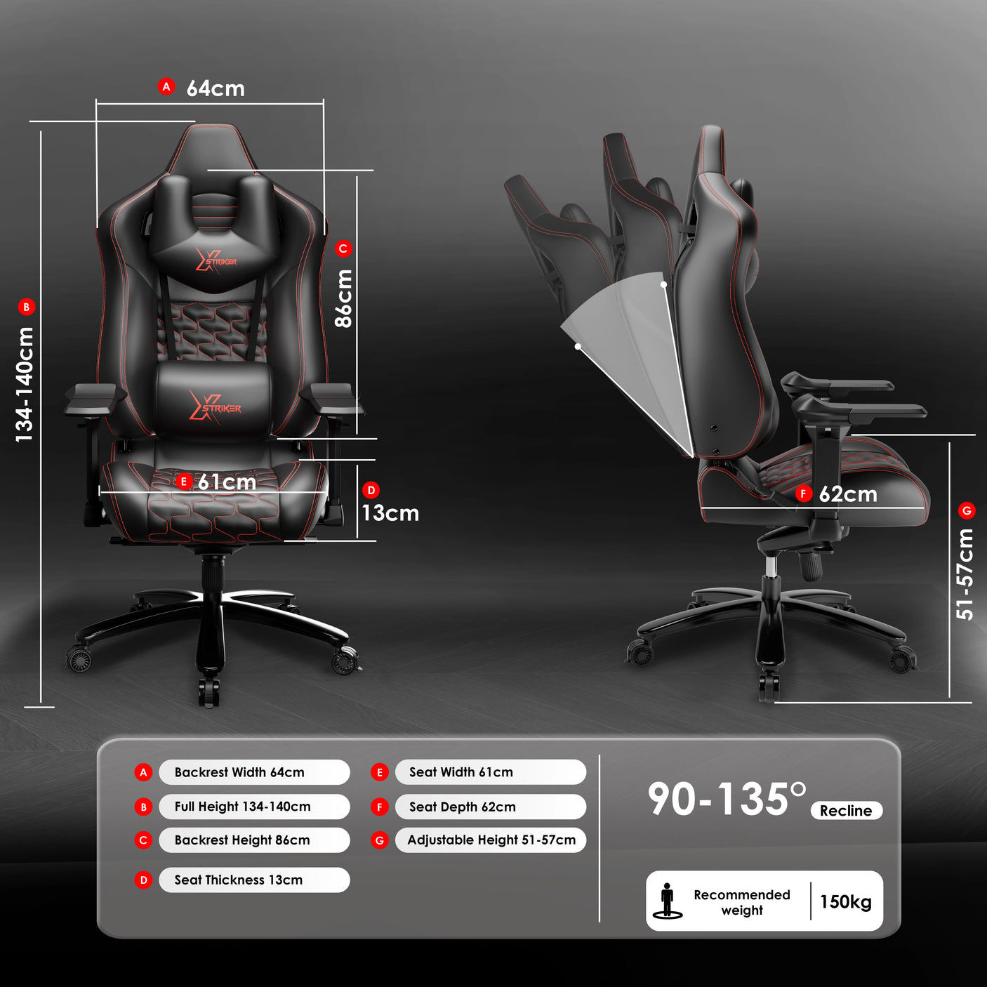 Gaming chair with dimensions and features displayed on a dark background