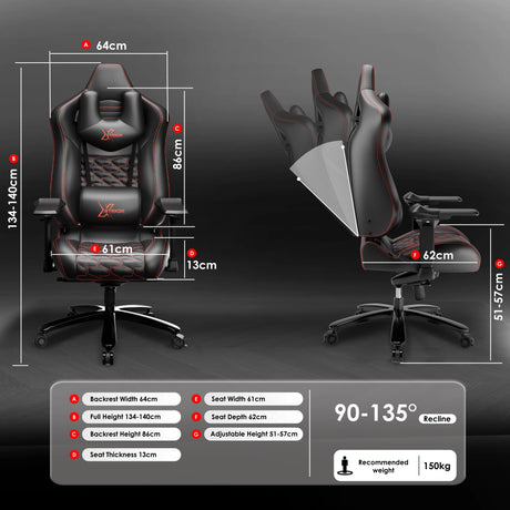 Gaming chair with dimensions and features displayed on a dark background