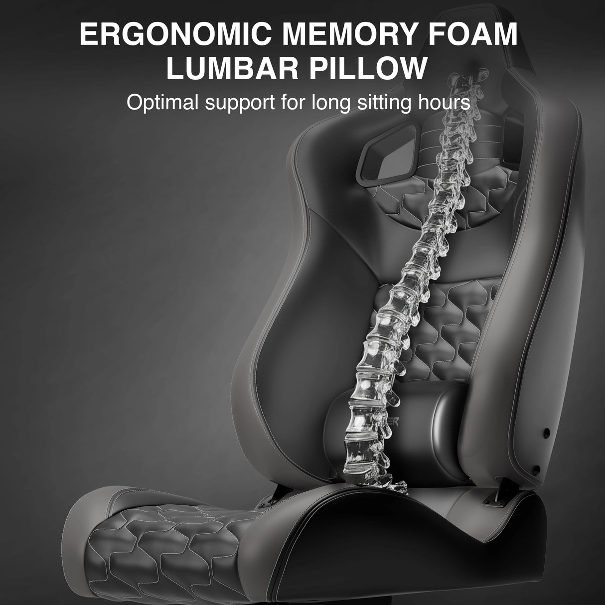 Ergonomic memory foam lumbar pillow with a skeleton illustration on a dark background