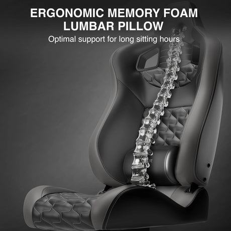 Ergonomic memory foam lumbar pillow with a skeleton illustration on a dark background