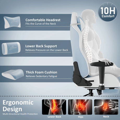 Ergonomic chair with features highlighted on a blue background