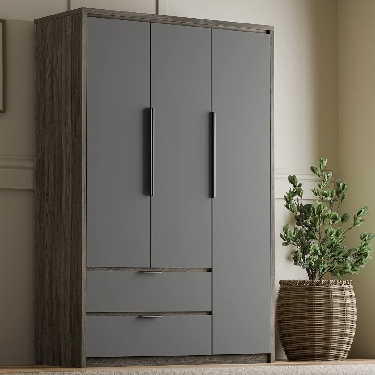Gray wardrobe with wooden accents in a room with a plant