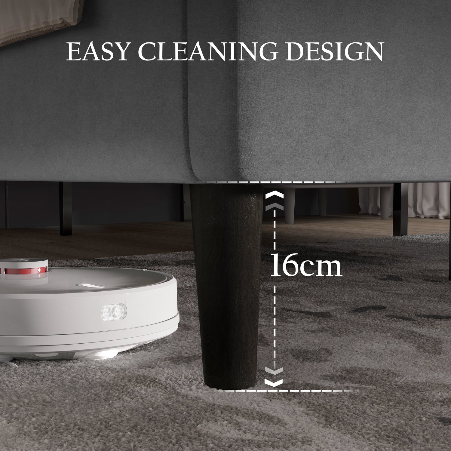 Chesterfield velvet upholstered bed frame with adjustable headboard in grey, showing 16cm clearance for easy cleaning with robot vacuum.
