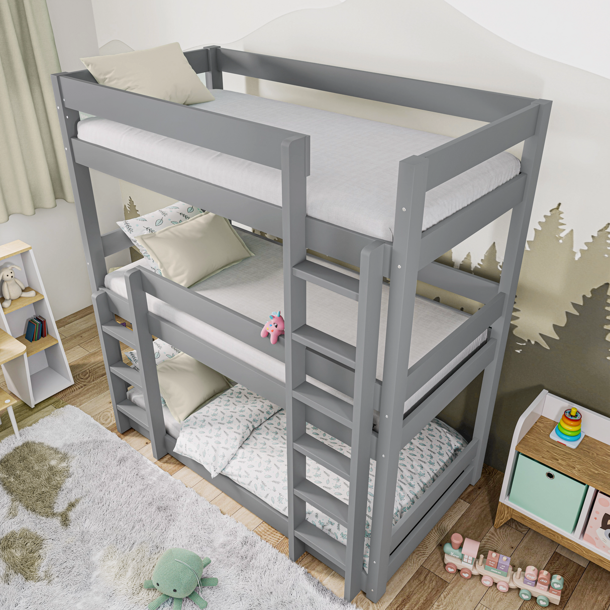 overhead view of a modern grey triple bunk bed placed in a kid's bedroom featuring three sleeping tiers and two ladders