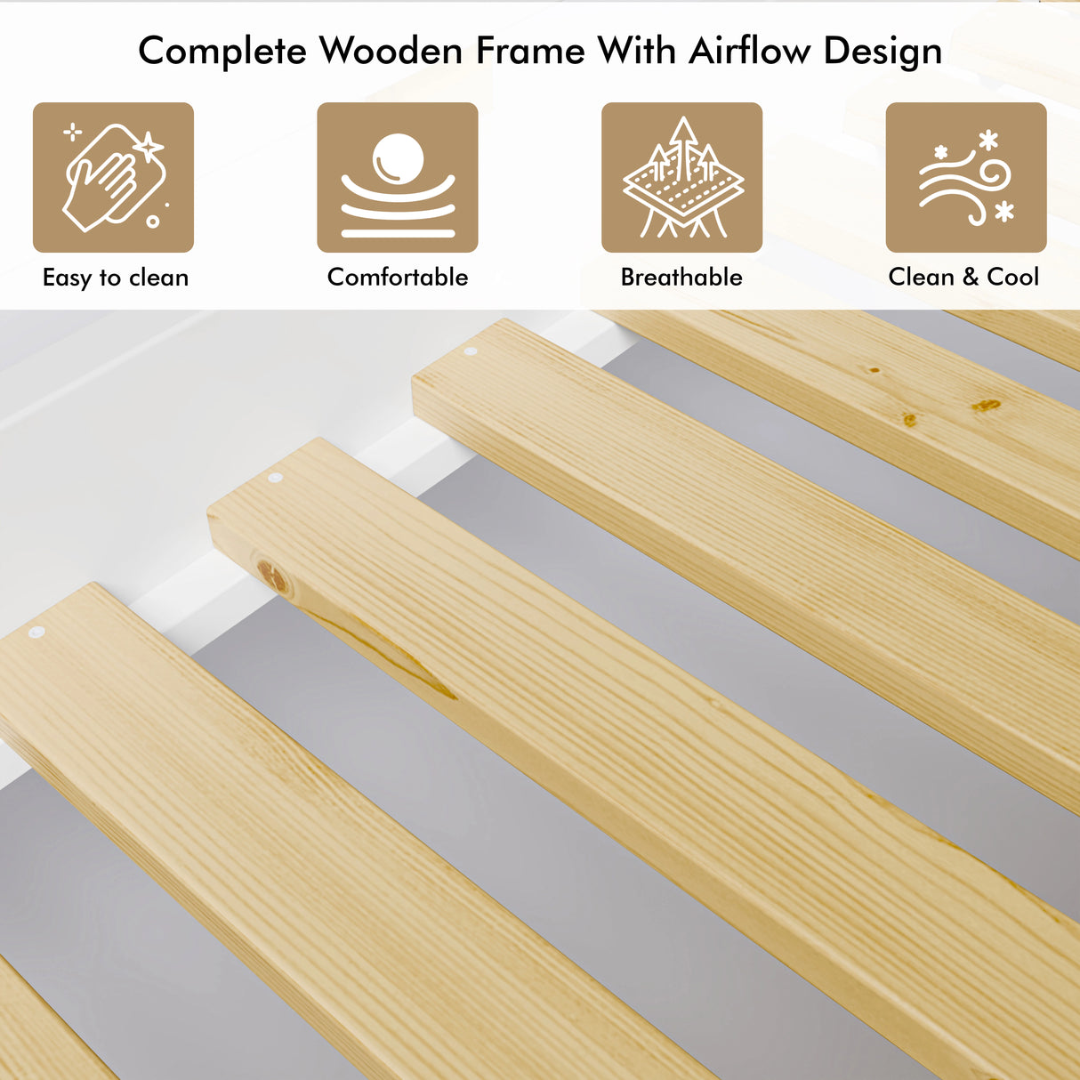 Close-up of wooden bunk bed with desk slats with icons highlighting easy to clean, breathability, and comfort features