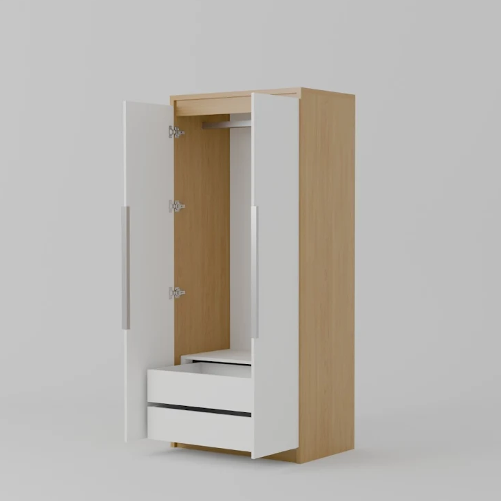 Wooden wardrobe with white doors and a drawer on a gray background