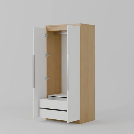Wooden wardrobe with white doors and a drawer on a gray background
