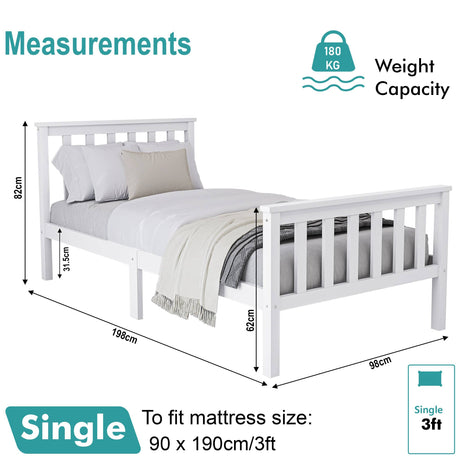 Wooden white single bed with measurements and a weight capacity of 180kg for durability and comfort.