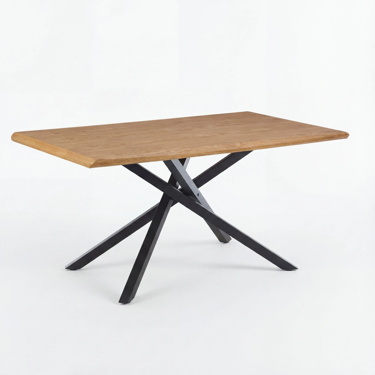 Rectangular wooden dining table with a cross black metal base, part of the Xylon dining set.