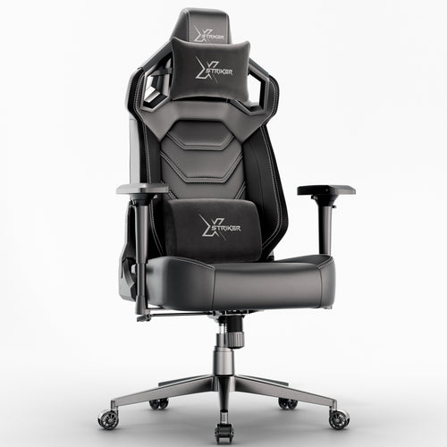Black and gray gaming chair with 'X-Striker' branding on a white background