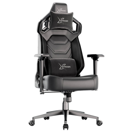 Black gaming chair with ergonomic lumbar pillow 'X-Striker' branding on a white background