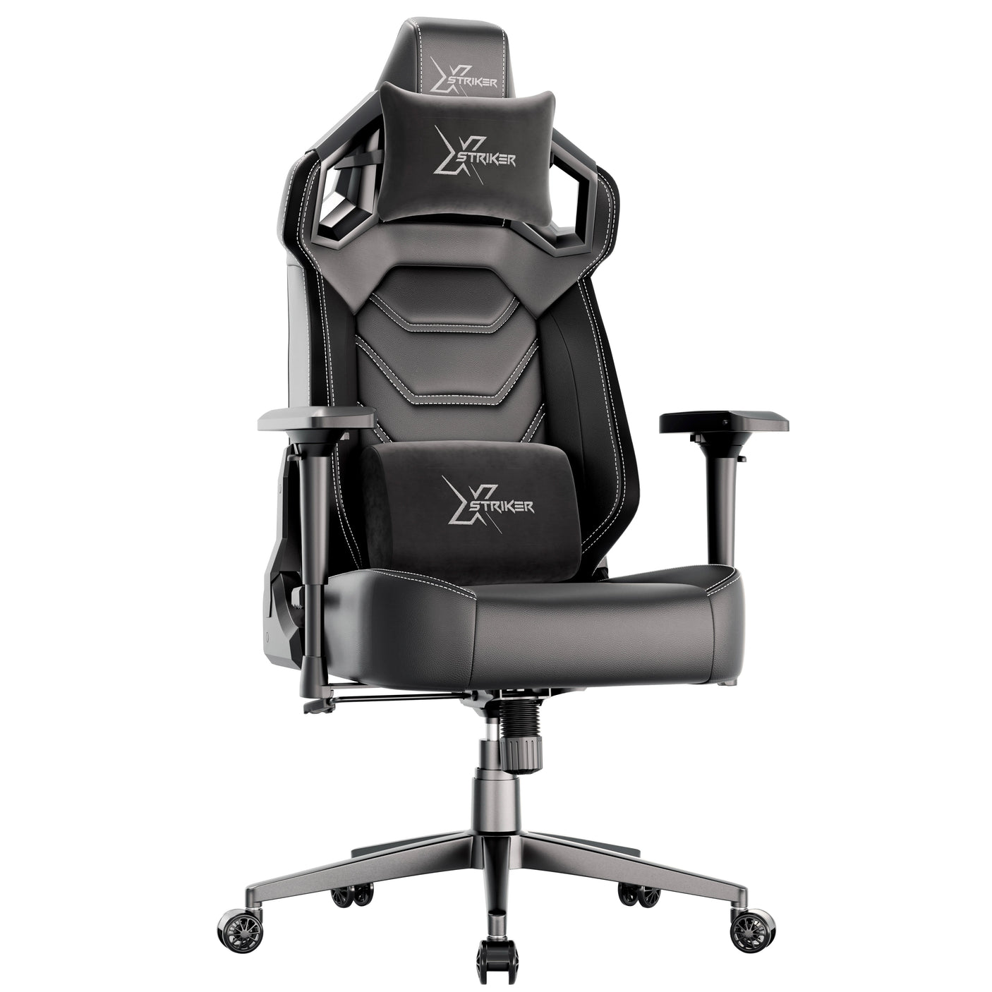 Black gaming chair with ergonomic lumbar pillow 'X-Striker' branding on a white background