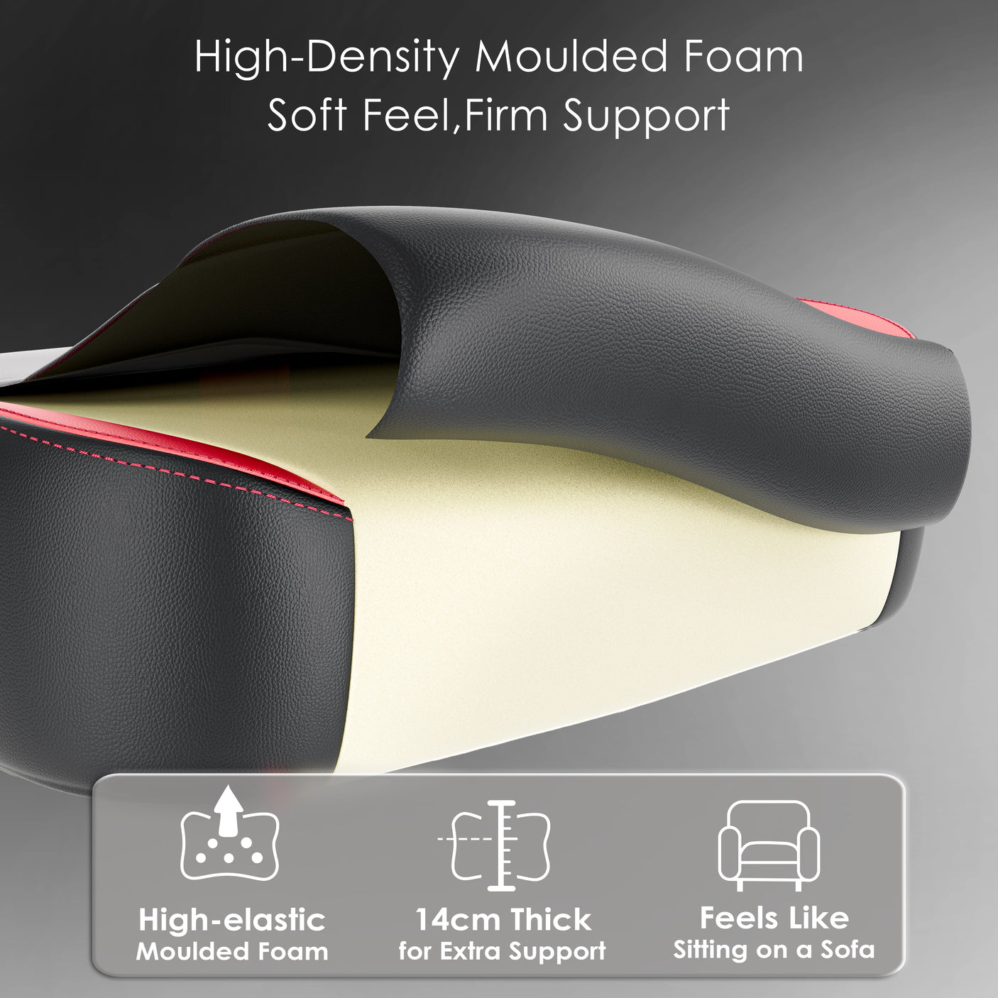 Cross-section of Xstriker Gaming Chair seat showing high-density moulded foam with soft black and red leather cover for ergonomic comfort.