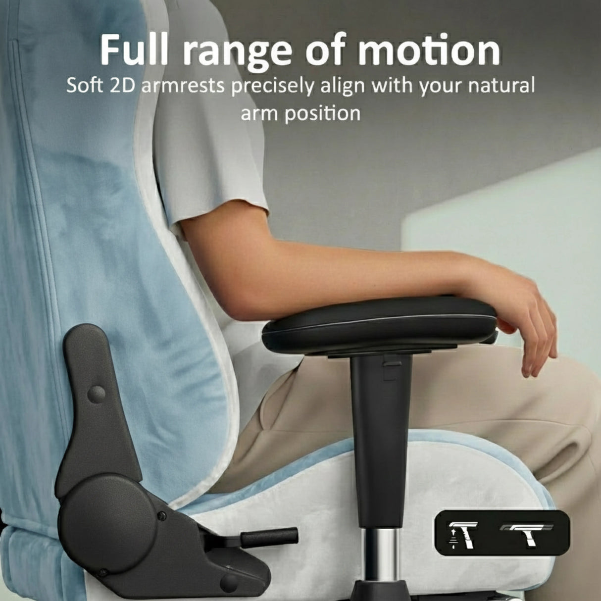 Xstriker Velvet Gaming Chair with Footrest features soft 2D adjustable armrests for ergonomic arm alignment and full range of motion support.