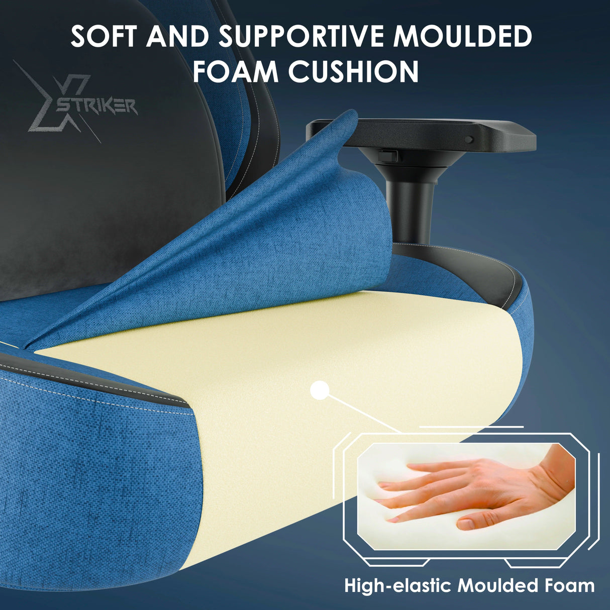 Xstriker ergonomic home office chair with soft moulded foam cushion for superior comfort and support during long gaming or work sessions.
