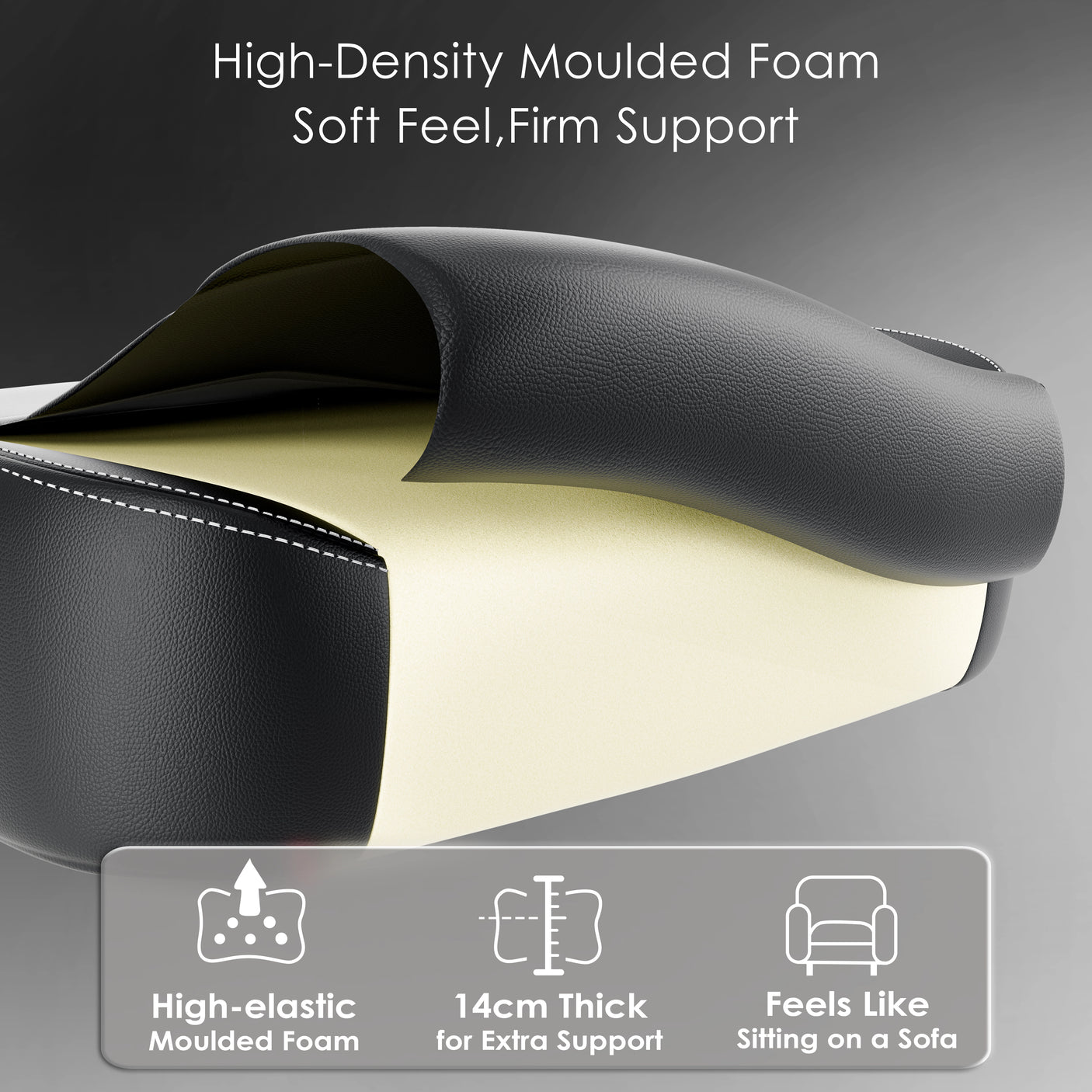 Cross-section of Xstriker Gaming Chair seat showing high-density moulded foam with 14cm thickness for ergonomic support and sofa-like comfort.