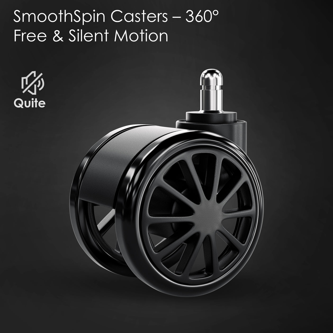 Close-up of Xstriker Gaming Chair SmoothSpin caster wheel with 360° silent swivel design for smooth, noise-free movement on all surfaces.