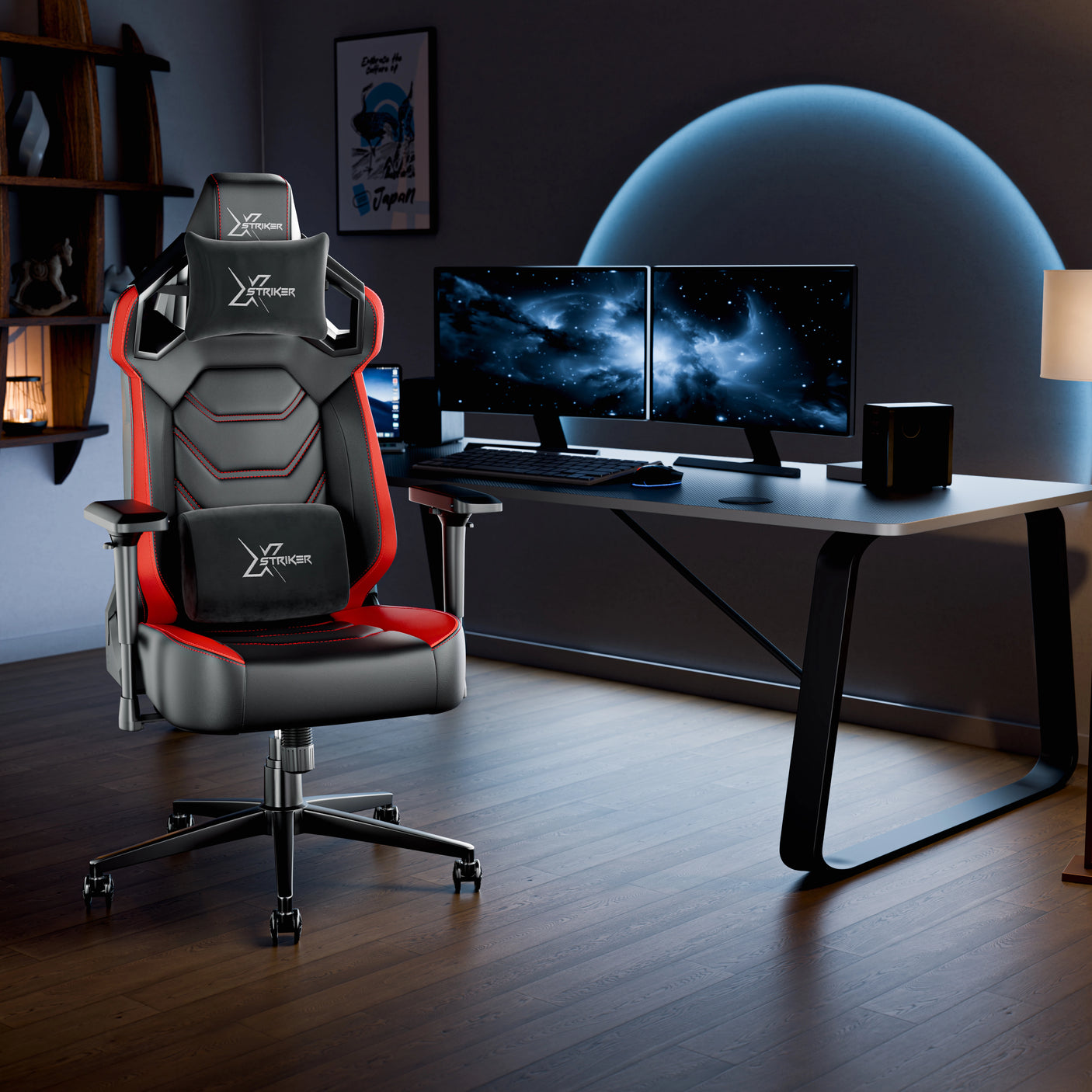 Xstriker pc chair racing design and 4D armrest in black and red, placed in a modern gaming setup with dual monitors.