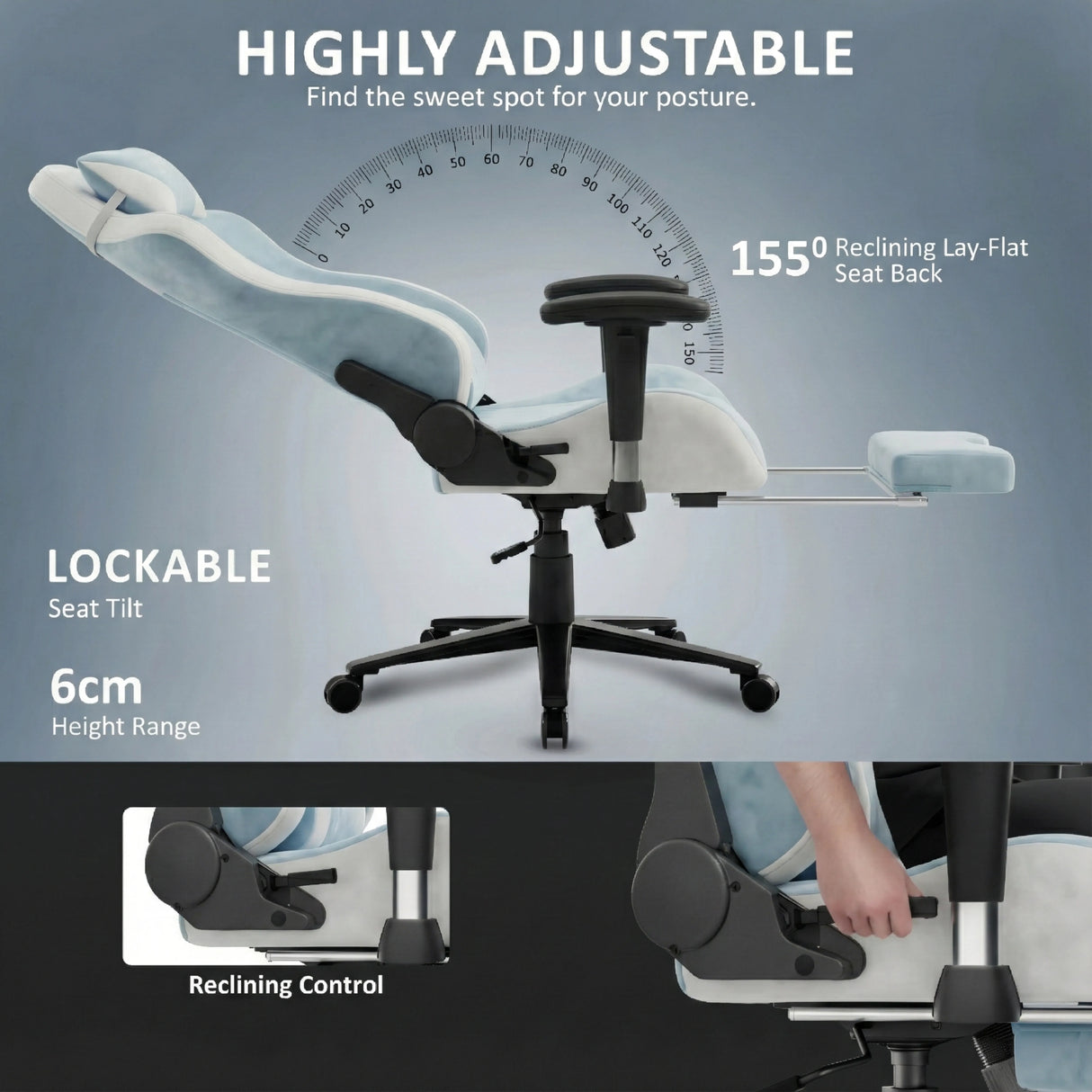 Xstriker Velvet Gaming Chair with Footrest reclines to 155° with lockable tilt, adjustable armrests, and 6cm seat height range for ergonomic comfort.