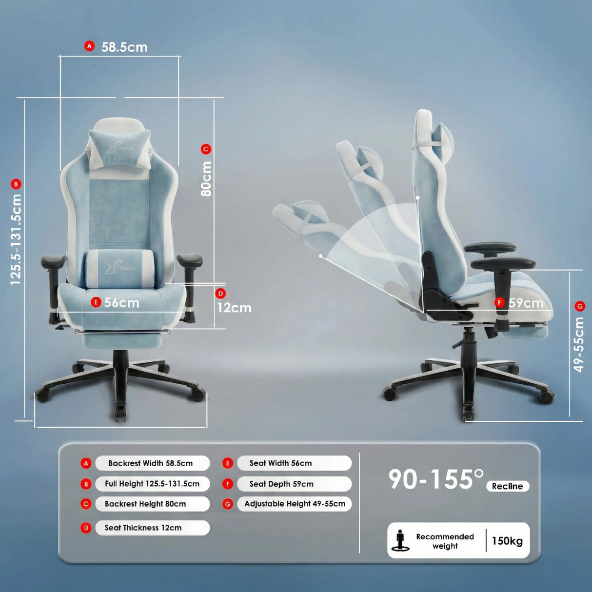 Xstriker Velvet Gaming Chair with Footrest in grey and white, featuring 90-155° recline, adjustable height, and ergonomic design with memory foam.