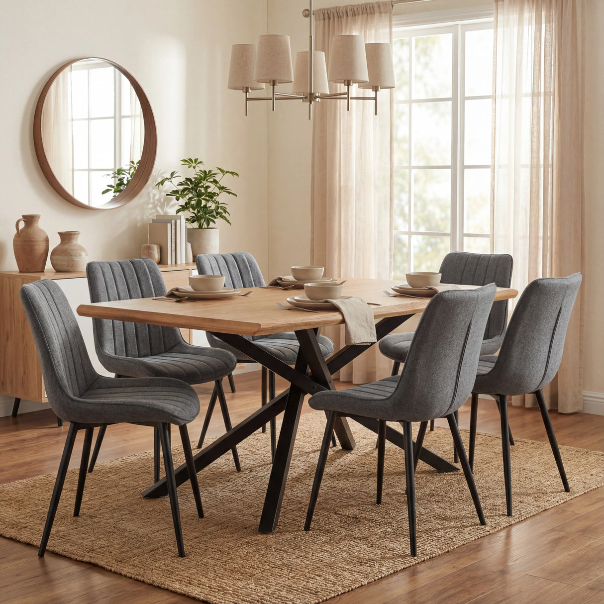 Contemporary Xylon dining set with grey striped chairs, oak finish table with black metal cross legs in a modern home.
