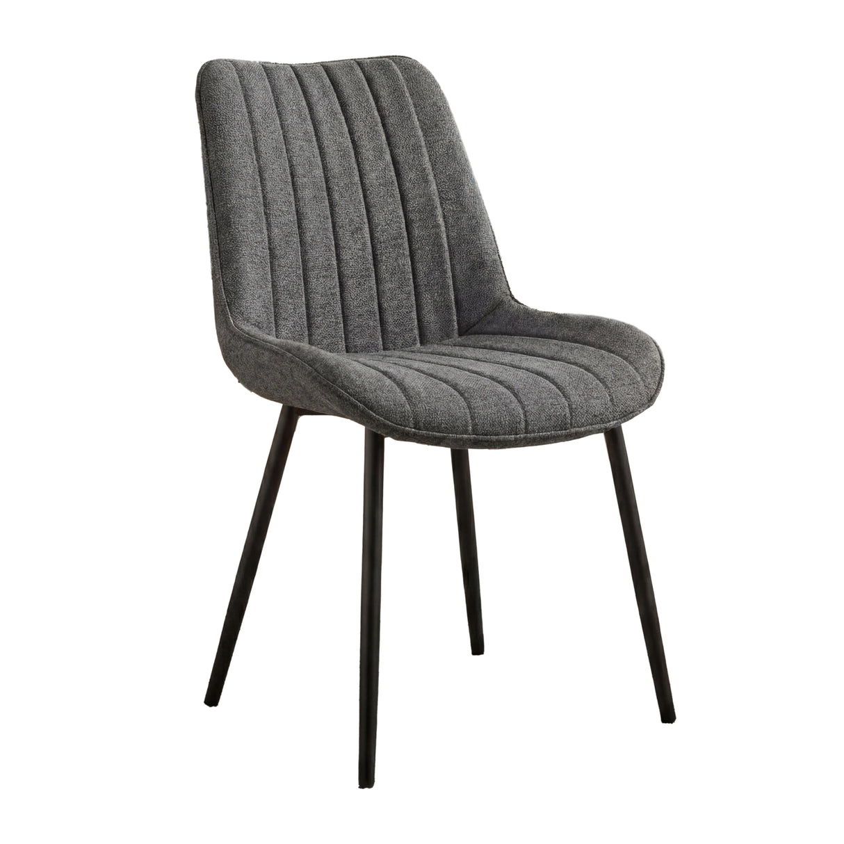 Xylon grey dining chair with stylish striped fabric and black metal legs, ideal for a sleek dining room.